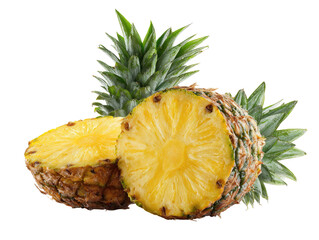 Two halves of a ripe pineapple, showing its yellow flesh and brown rind, with fresh green leaves