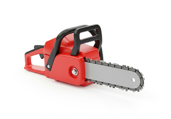 Fototapeta premium A detailed 3D illustration of a vibrant red chainsaw with a sharp metal blade and a sturdy handle, isolated on a clean white background