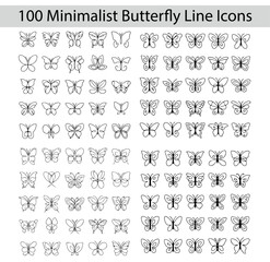 100 Minimalist Butterfly Line Icons, Minimalist butterfly line icons, butterfly outline symbols, simple butterfly vector set, modern butterfly line art, elegant butterfly illustrations, thin line art,