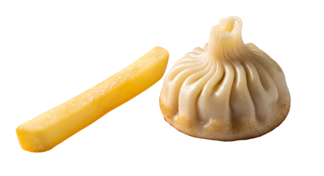 Single french fry next to a steamed dumpling, isolated on transparent background