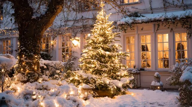 Christmas tree in a snowy front yard illuminated with warm lights creating a festive holiday scene in a winter wonderland