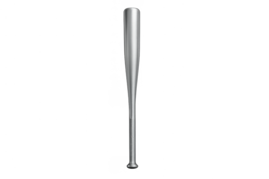 Silver baseball bat standing vertically. Metal sports equipment for hitting balls, featuring a transparent background
