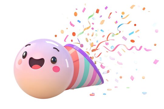 3D party-popper emoji exploding with glossy colorful confetti, shiny gradient colors, smooth rounded shape, soft reflections, transparent PNG background
