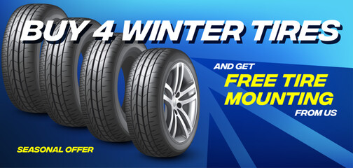 Car tires shop banner with discount offer, blue background. Euro flyer template for winter wheels sale promotion, sporty clean design, automotive service ad, layered and ready for printing