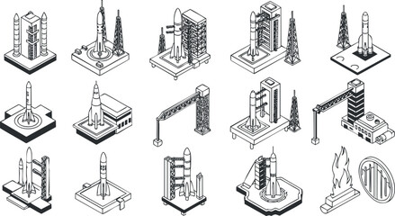 Detailed isometric vector illustration of rocket launch sites and related structures for technology and engineering concepts