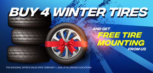 Car tires shop banner with discount offer, blue background. Euro flyer template for winter wheels sale promotion, sporty clean design, automotive service ad, layered and ready for printing