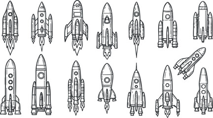 Collection of minimalist outline vector illustrations featuring various rocket designs, perfect for technology and space-themed projects