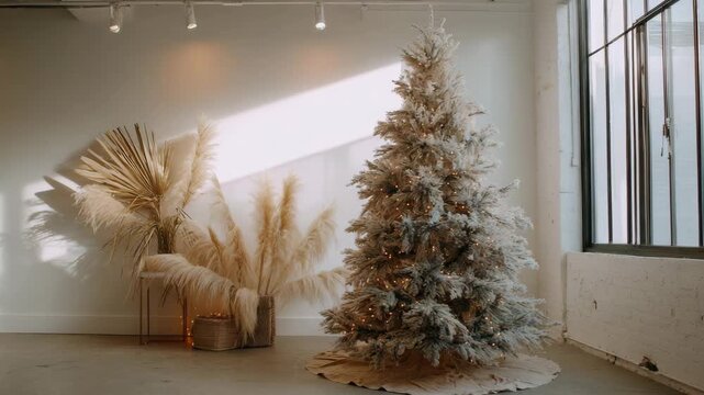 Elegant Christmas tree and pampas grass arrangement creating a festive and modern holiday scene perfect for seasonal greetings and interior design insp