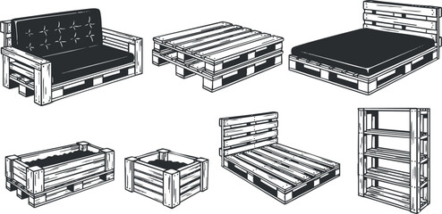 Stylish vector illustration set of various pallet furniture pieces including sofas, tables, beds, and shelves for home decor.