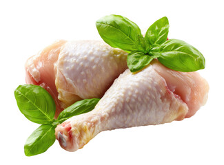 Two raw chicken drumsticks,  fresh and moist, resting atop one another, with vibrant basil leaves