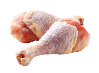 Two raw chicken drumsticks, close-up