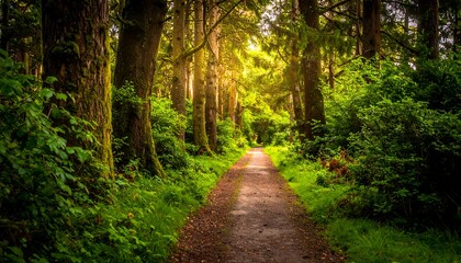 Obraz premium Sunlit path receding into verdant forest, dense trees on either side, dappled light highlighting foliage and ground