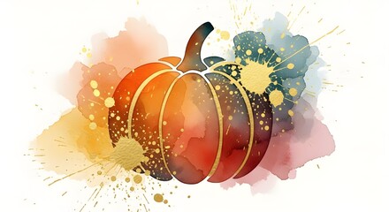 Watercolor pumpkin isolated on white background, a vibrant autumn illustration with splatters and golden accents, perfect for seasonal designs and decorations