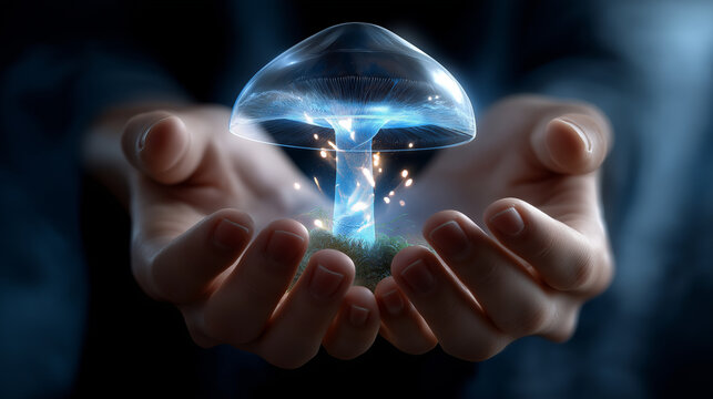 Anonymous hands manipulating hologram with defocused body and crystal clear glowing mushroom structure visible, with copy space