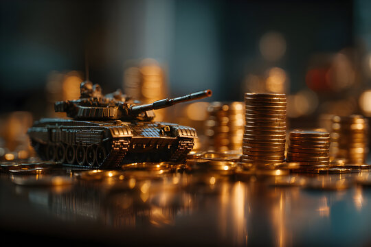Miniature battle tank with stacks of coins depicting war economy concept