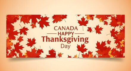 A festive canada thanksgiving illustration with maple leaves and a stylish typography design wishing a happy thanksgiving day on a light orange background