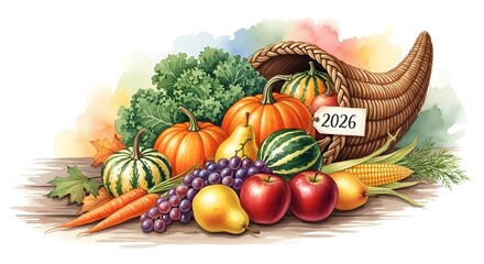 A bountiful thanksgiving cornucopia illustration with fresh fruits and vegetables overflowing from a wicker horn isolated on white background