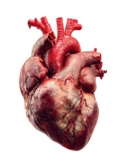 Close-up of a realistic, detailed human heart.  A deep red, slightly textured heart, highlighting its chambers and vessels, is presented against a plain black background.