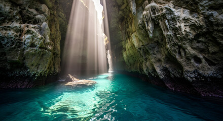 Mystical Light Rays in Hidden Cenote Cave with Turquoise Water in Yucatan Mexico Landscape Photography