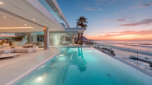 Luxury villa with infinity pool overlooking the ocean at sunset modern architecture perfect for vacation rentals and high-end travel brochures