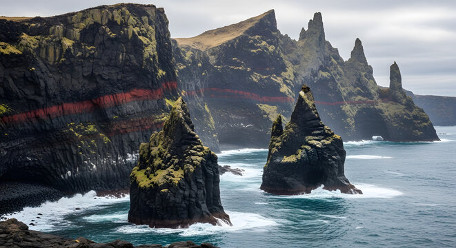 Basalt Sea Cliffs and Stacks Landscape with Unique Red Stripe in Arnarstapi Iceland Nature Photography