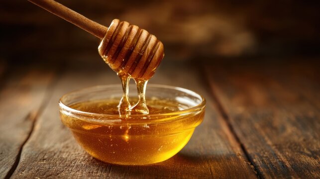 Golden honey drips gracefully from a wooden dipper into a clear glass bowl. The warm lighting highlights the rich color and texture set on a rustic wooden table.