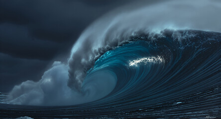 A massive tidal wave rising like a wall, illuminated by moonlight breaking through storm clouds, with birds fleeing in chaotic patterns.

