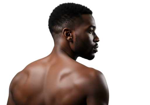 a striking portrait showcasing the back and profile of a muscular african man with a short haircut on transparent background high quality professional
