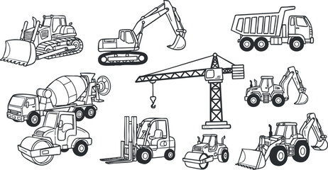 Outline vector illustration of various construction vehicles including excavators, bulldozers, cranes, and dump trucks for engineering projects