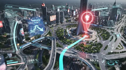 Futuristic cityscape with high tech interface rendering, showcasing technological innovation and global connectivity, perfect for futuristic backgrounds or concept art advertisements. - Powered by Adobe