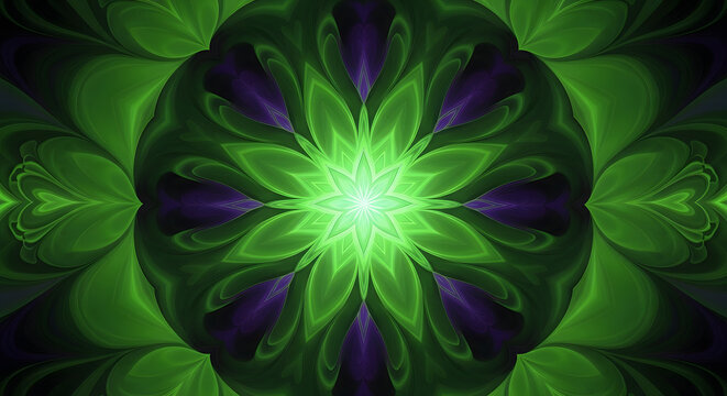 Vibrant green and purple fractal flower with glowing center symmetrical abstract art organic pattern digital art ethereal bloom mystical energy nature inspired