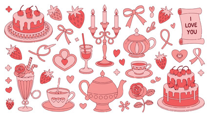 Valentine's Day doodle elements with cakes and strawberries