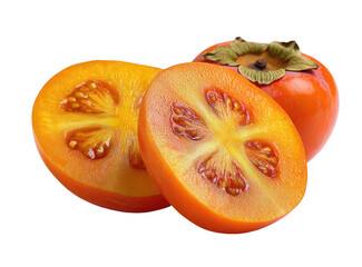 Close-up of two sliced persimmon halves