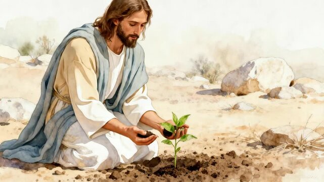 Jesus Christ planting a green sapling in the desert. Watercolor animation of biblical figure nurturing new life. Easter and faith concept