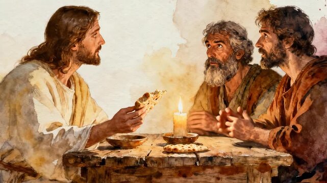 Watercolor animation of Jesus Christ breaking bread with two disciples. Biblical scene of the Supper at Emmaus with a candle on a wooden table. Religious Easter concept