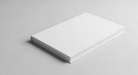 Fototapeta premium Blank white hardcover book mockup lying on a light gray surface, offering a clean and minimalist template for design presentation
