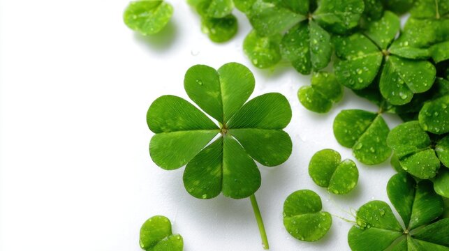 A cluster of green clovers adorned with water droplets rests on a clean white surface. The scene captures the essence of natures beauty and freshness in springtime.