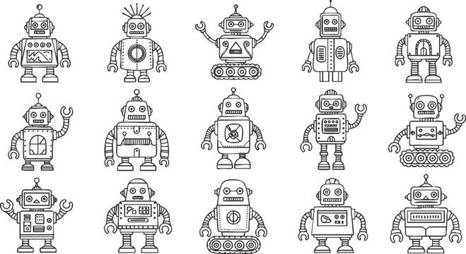 Playful outline vector illustration of a collection of various robot characters for fun and educational design projects