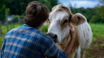 Back view of farmer showing affection with clear focused cow's head and gentle interaction moment, with copy space
