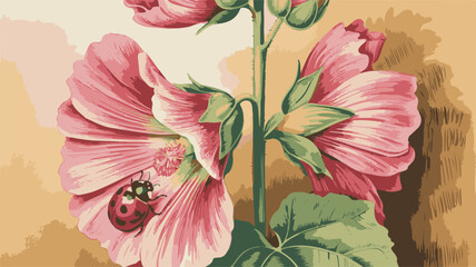 Vintage Hollyhock Flower with Ladybug Illustration