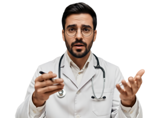 a portrait of a young male doctor with a beard and glasses wearing a white coat and stethoscope gesturing with hands on transparent
