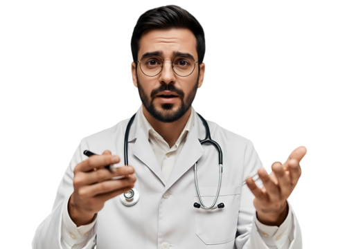 a portrait of a young male doctor with a beard and glasses wearing a white coat and stethoscope gesturing with hands on transparent