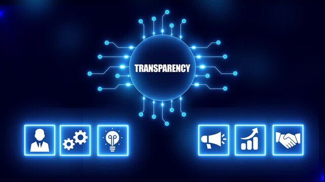 Digital concept of transparency with glowing icons and circuit board design on dark blue background Keywords: transparency, honesty, openness, clarity, trust, business, workflow, efficiency
