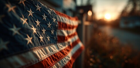 American Flag Waving Gently at Sunset Near a Quiet Neighborhood Street