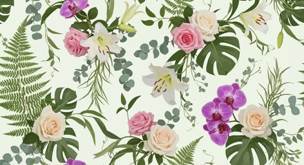 Elegant Floral Seamless Pattern with Roses Orchids and Tropical Leaves.