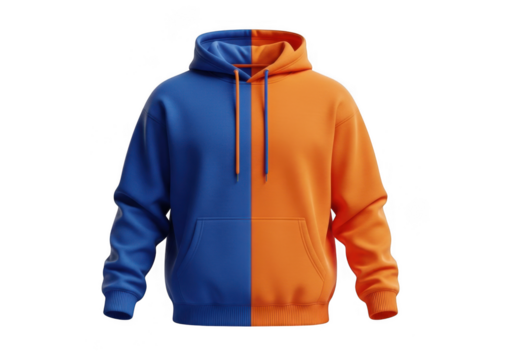 Two tone blue and orange hoodie apparel isolated on transparent background