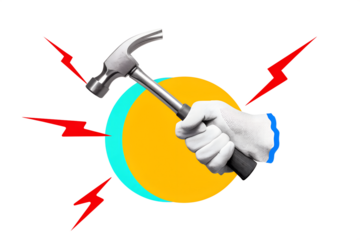 A hand with a hammer hammering a nail. Modern collage style. Illustration on a transparent background