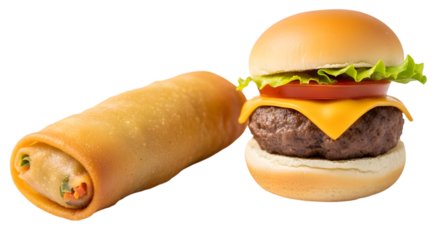 A delicious cheeseburger and a golden brown spring roll isolated on transparent background