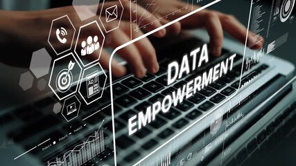 Hands typing on laptop with data empowerment overlay and digital graphics for technology and business concepts. Asymptotic smart data analytic. - Powered by Adobe