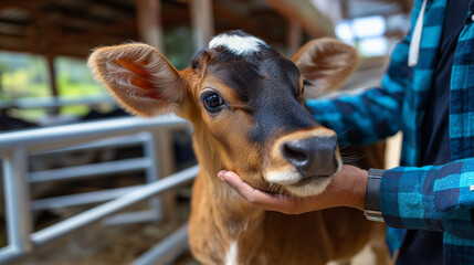 Defocused livestock caretaker while sharp detailed cow's face and affectionate gesture remain in focus, with copy space